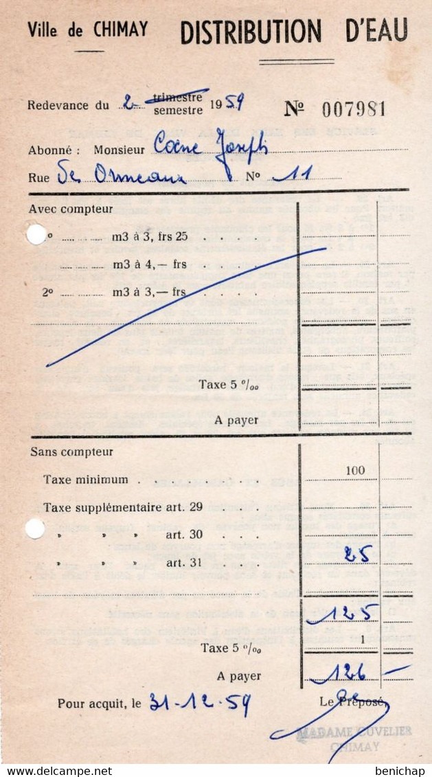 Ville De Chimay - Distribution D'eau - Redevance De  1959 - Facture 7981. - Levensmiddelen