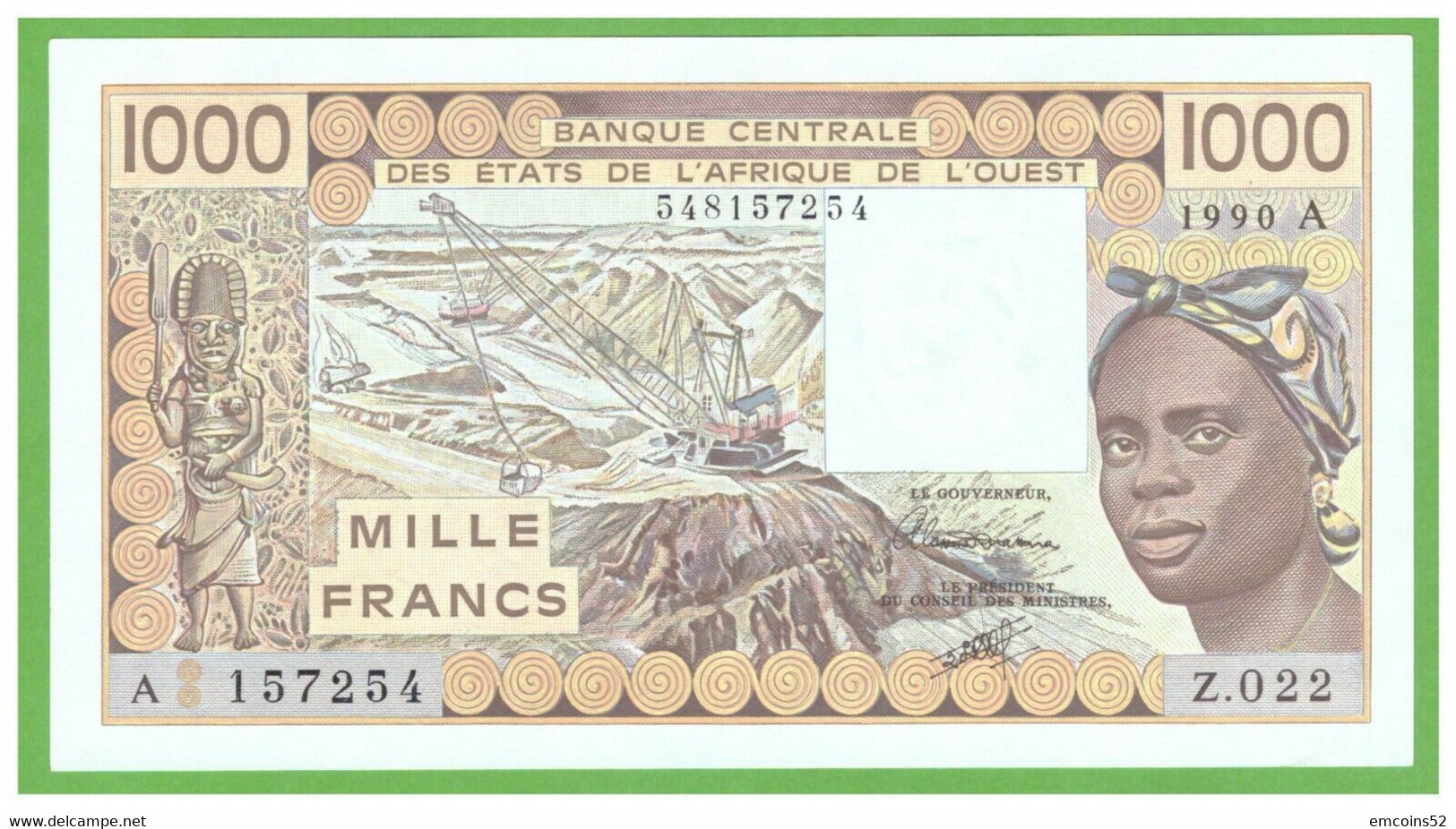 IVORY COAST W.A.S. 1000 FRANCS 1990  P-107Aj UNC - West-Afrikaanse Staten