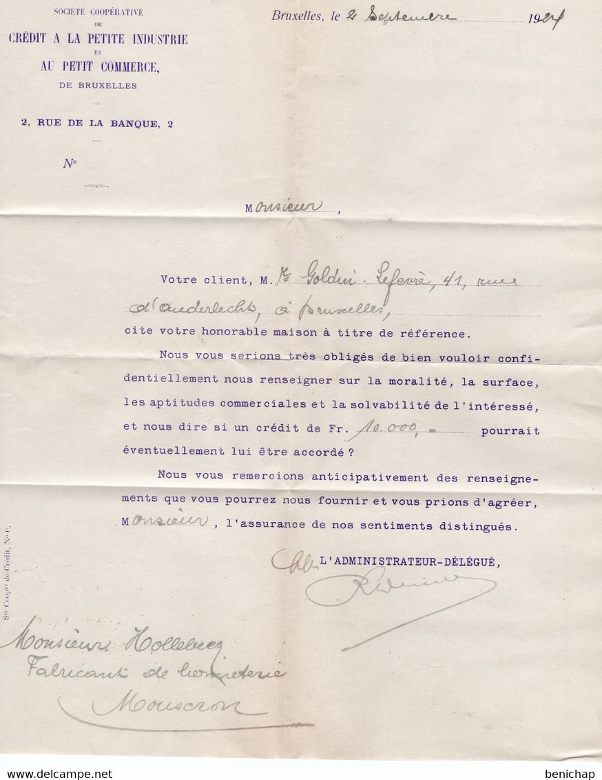 Crédit à La Petite Industrie Et Au Petit Commerce - Lettre De Référence Fabricant De Bonneterie- Bruxelles - 1924. - Bank En Verzekering