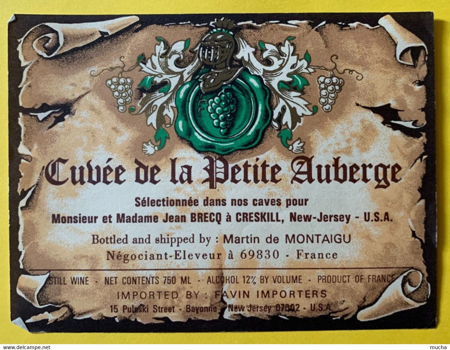 19701 - Cuvée De La Petite Auberge Jean Brecq  à Creskill New-Jersey USA - Autres & Non Classés