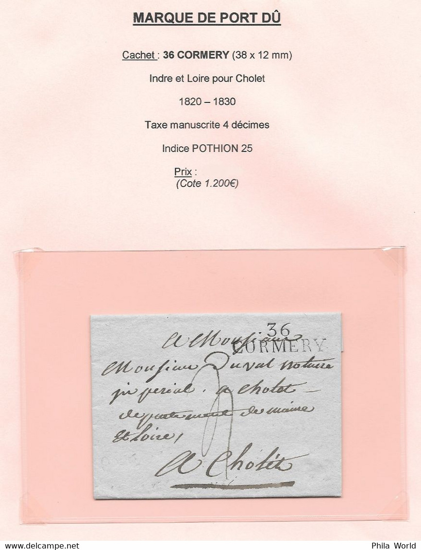 LSC Indre Et Loire - 1820 1830 - 36 CORMERY  Marque Postale Cursive En Port Dû Pour Cholet Maine Et Loire - 1801-1848: Precursors XIX