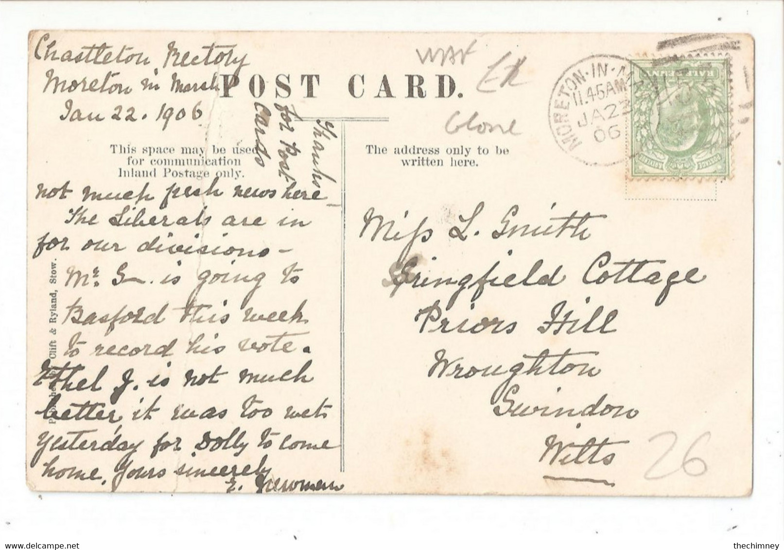 Moreton In Marsh Duplex Postmark 1906 On Parish Church Stow On The Wold Used Postcard With Stamp 1906 - Other & Unclassified