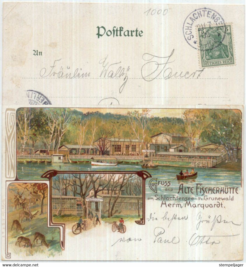 1902 Alte Fischerhütte Schlachtensee Herm. Marquardt Lithographie Fahrrad , Ruderboot - Grunewald