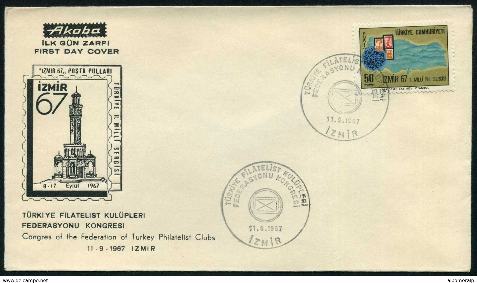 Turkey 1967 Congress Of The Federation Of Turkey Philatelist Clubs | Clock Tower | Special Cover, Izmir, Sept.11 - Covers & Documents