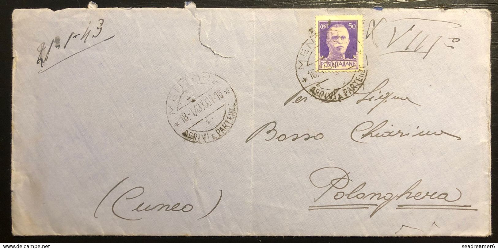 ITALIE WWII Lettre Occupation Italienne De MENTON 18/1/1943 N°460 Obl Dateur "MENTONE/ARRIVI E PARTENZE" Pour Polonghera - Altri & Non Classificati