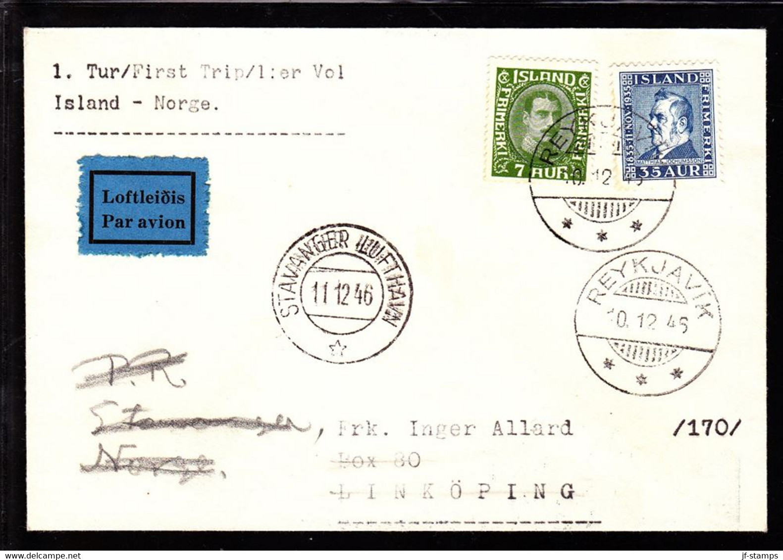 1946. Air Mail. King Christian X. 7 Aur Green + 35 Aur Jochumsson. Firstflight Island - Norge... (Michel 160) - JF103798 - Briefe U. Dokumente