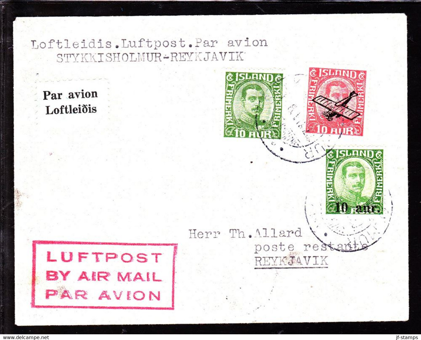 1929. Air Mail. 10 Aur On 5 Aur Green Chr. X, Air Mail 10 Aur And 10 Aur Green. STYKKISHOLMU... (Michel 110+) - JF103811 - Covers & Documents
