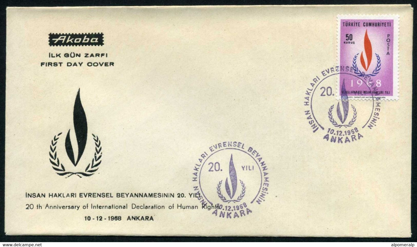Turkey 1968 Declaration Of Human Rights, 20th Anniv. | Special Postmark, Ankara, Dec. 10 - Lettres & Documents