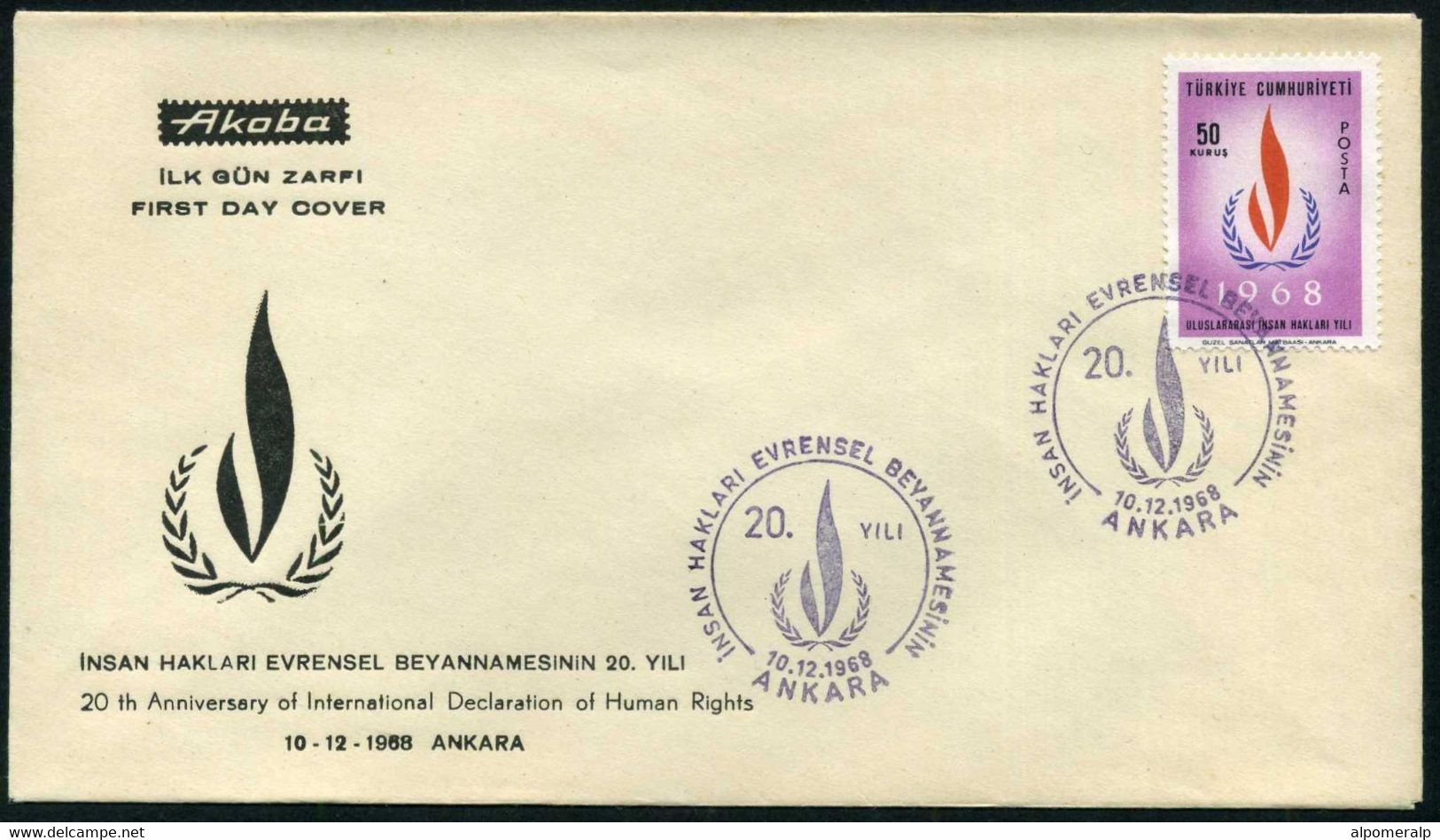 Turkey 1968 Declaration Of Human Rights, 20th Anniv. | Special Cover, Ankara, Dec. 10 - Briefe U. Dokumente