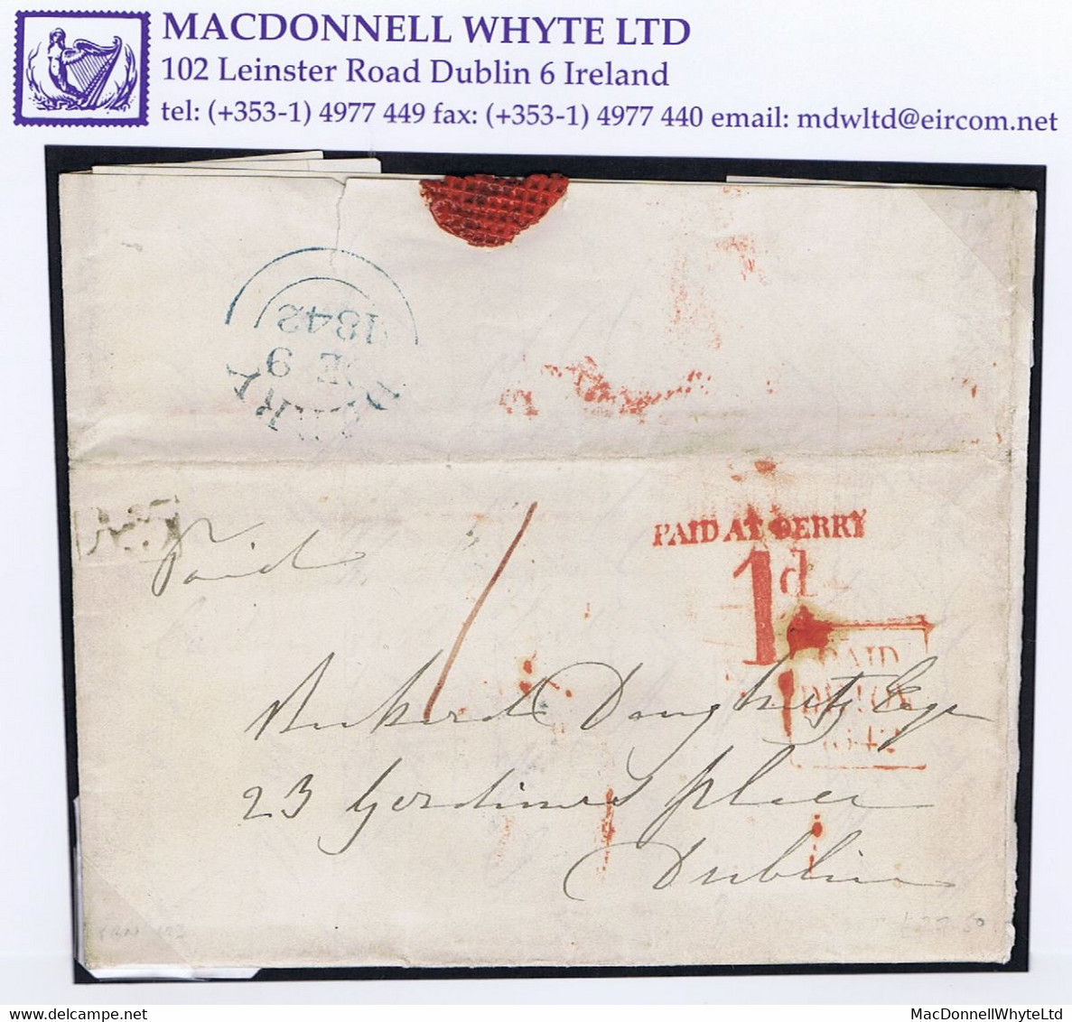 Ireland Donegal Derry Uniform Penny 1842 Letter To Dublin Boxed "No5" Of Muff, Red PAID AT DERRY/1d - Préphilatélie