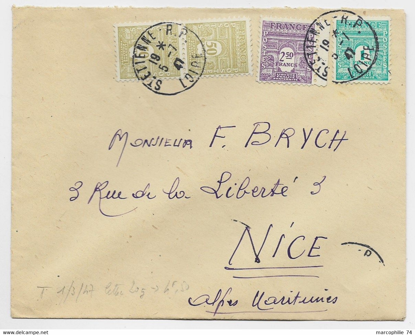 FRANCE ARC TRIOMPHE 2FR50+1FR+50C PAIRE LETTRE COVER ST ETIENNE RP 5.7.1947 AU TARIF - 1944-45 Triomfboog