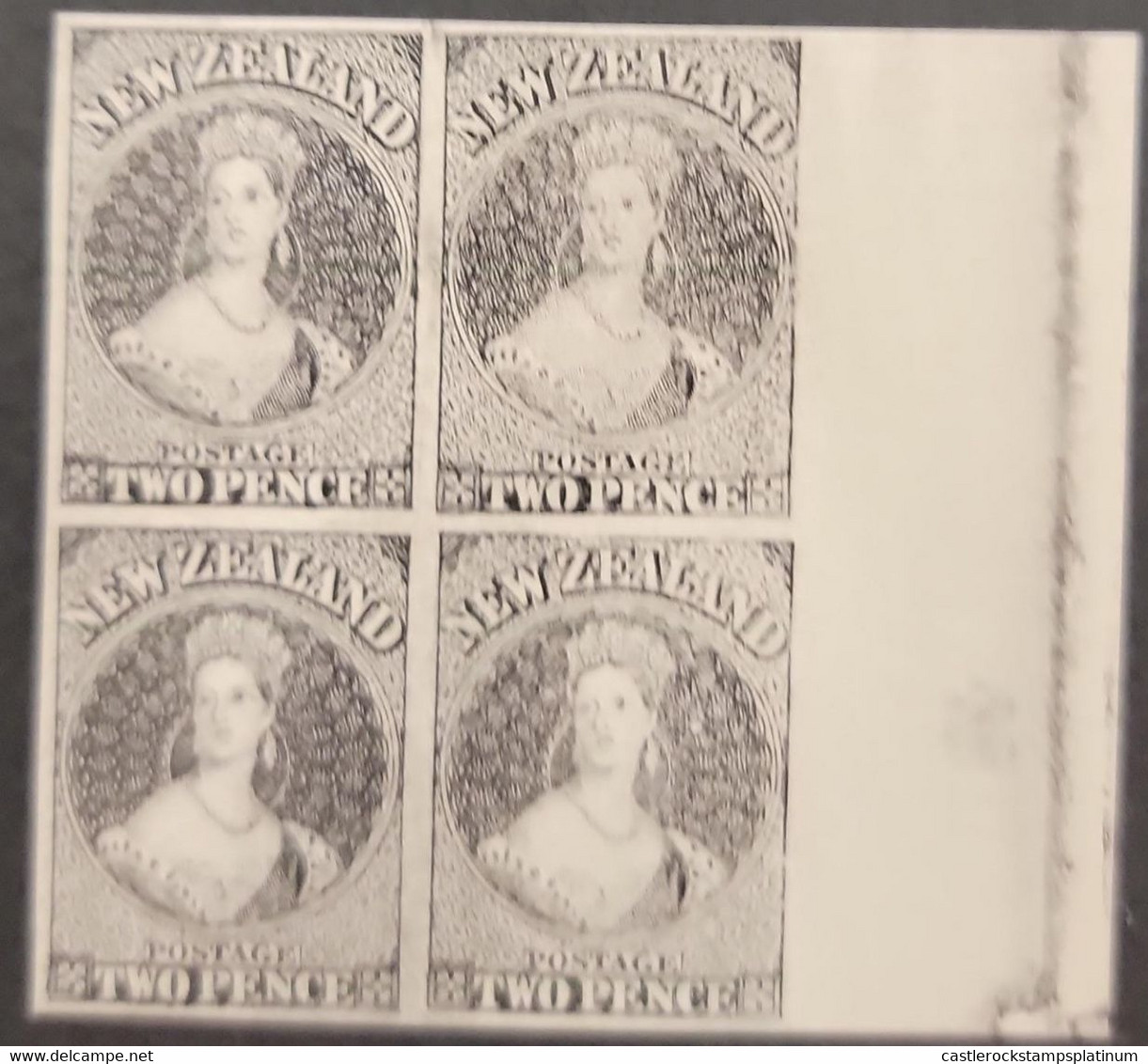 A) 1855, NEW ZEALAND, QUEEN VICTORIA - LONDON PRINT, CARDBOARD, DEATH NZ, ON BLACK, IMPERFORATED, BLOCK OF 4 - Nuovi