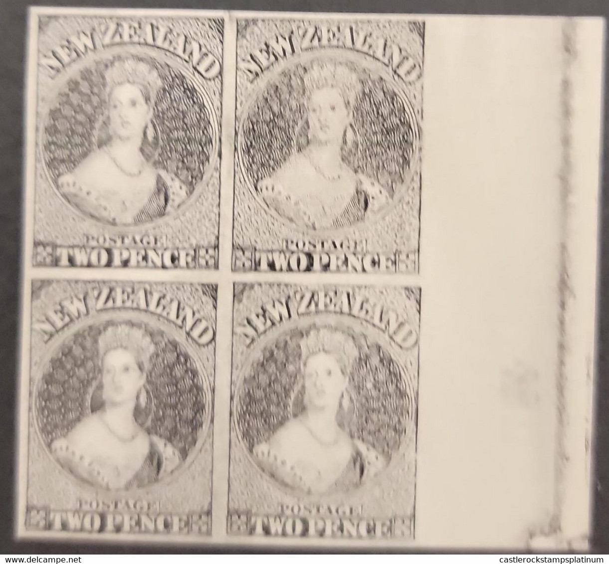 A) 1855, NEW ZEALAND, QUEEN VICTORIA - LONDON PRINT, CARDBOARD, DEATH NZ, ON BLACK, IMPERFORATED, BLOCK OF 4 - Ongebruikt