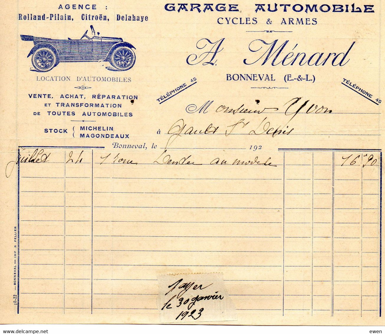 Bonneval.(Eure-et-Loir) Facture Garage Auto Cycles Et Armes A. Ménard. 1923 - Automobile