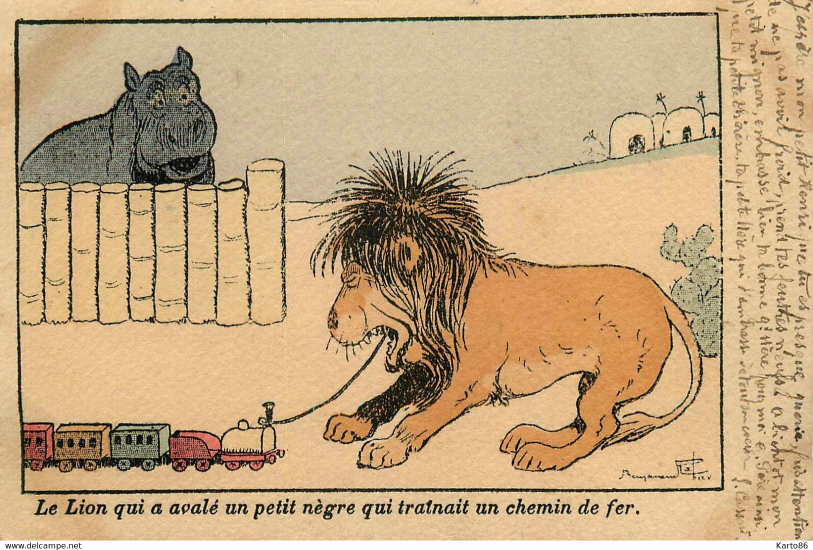 Benjamin RABIER Rabier * CPA Illustrateur * Le Lion Qui A Avalé Un Petit Nègre Qui Trainait Un Chemin De Fer * Animaux - Rabier, B.