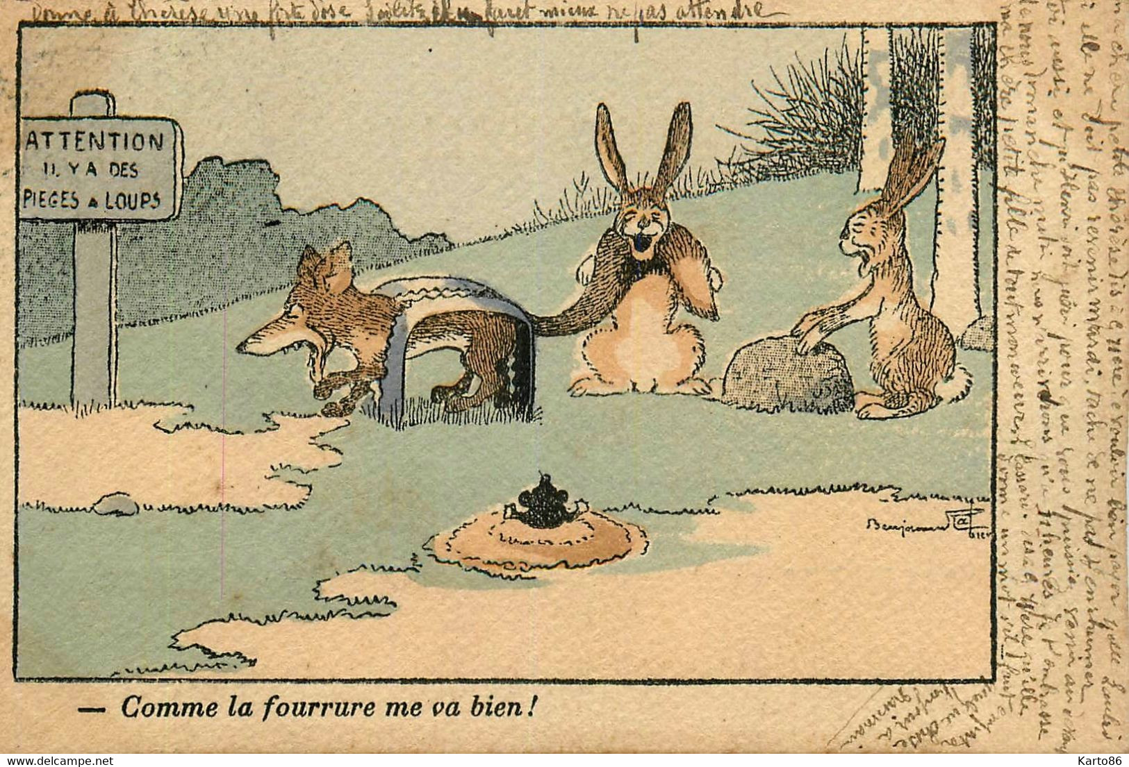 Benjamin RABIER Rabier * CPA Illustrateur * Comme La Fourrure Me Va Bien ! * Loup Piège Lapins Rabbit Wolf * Animaux - Rabier, B.