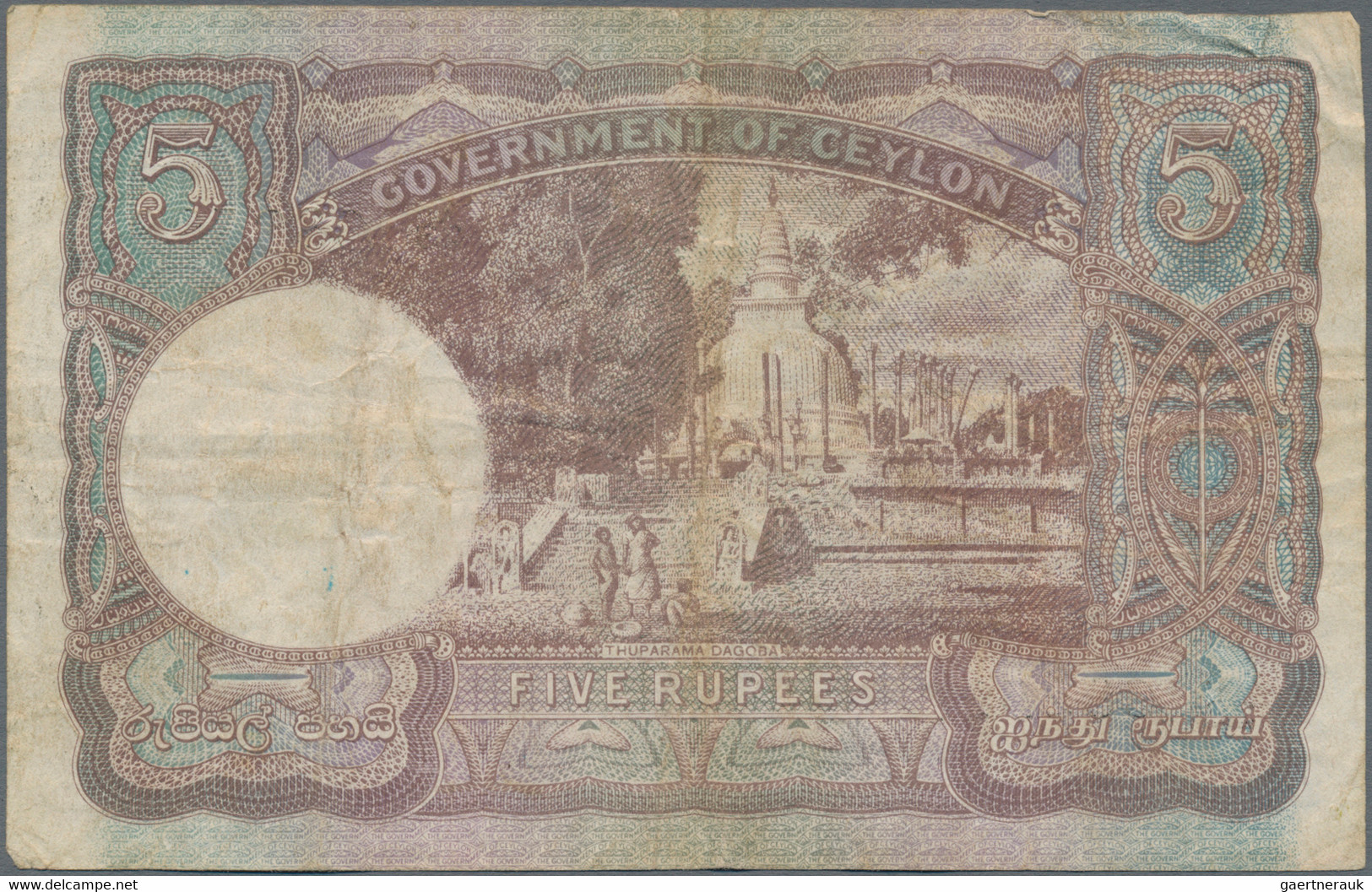 Ceylon: The Government Of Ceylon 5 Rupees 1944, P.36, Several Folds And Creases In The Paper, Lightl - Sri Lanka