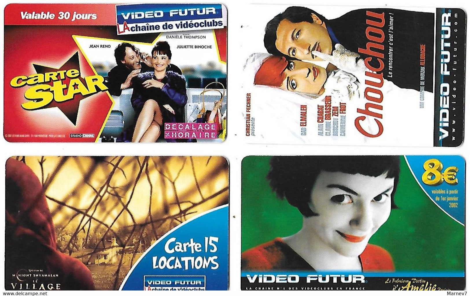 VIDEO FUTUR - 4 Cartes - Amélie Poulain 2002 - Le Village 2005 - Carte Star Décalage Horaire - Chouchou 223 - Autres & Non Classés