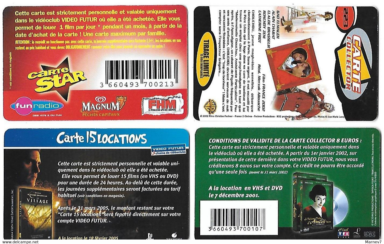 VIDEO FUTUR - 4 Cartes - Amélie Poulain 2002 - Le Village 2005 - Carte Star Décalage Horaire - Chouchou 223 - Andere & Zonder Classificatie