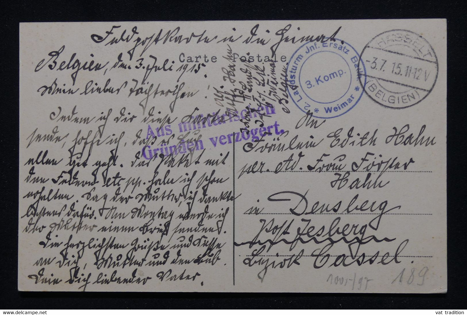 ALLEMAGNE - Cachet Militaire Sur Carte Postale De Hasselt Pour L 'Allemagne En 1915 - L 114288 - Cartas & Documentos