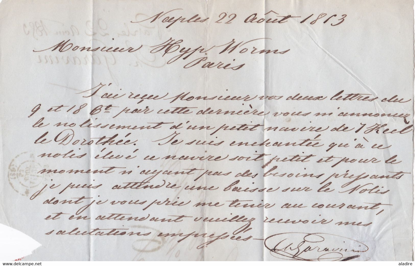 1853 - Lettre pliée avec correspondance en français de NAPOLI NAPLES vers PARIS - entrée par Marseille