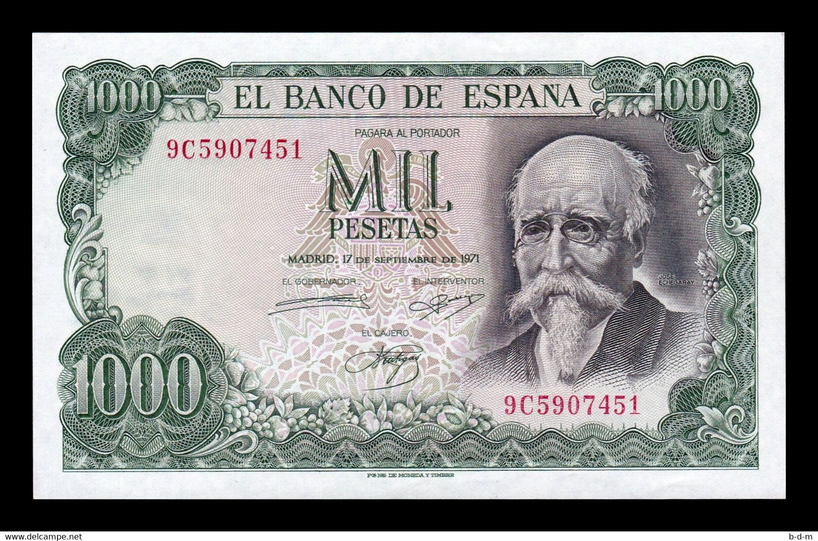 España 1000 Pesetas J. Echegaray 1971 Pick 154r Replacement Serie 9c SC- AUNC - 1000 Pesetas