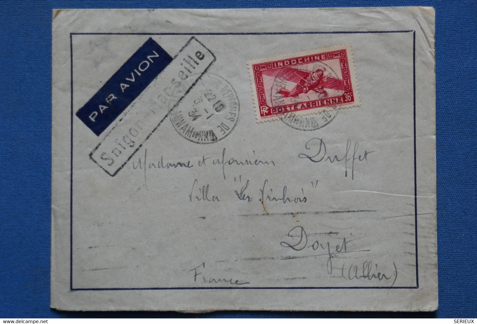 AN12 INDO CHINA    BELLE LETTRE     1934 PAR AVION  SAIGON POUR DOYET FRANCE ++ + AFFRANCH. INTERESSANT - Airmail