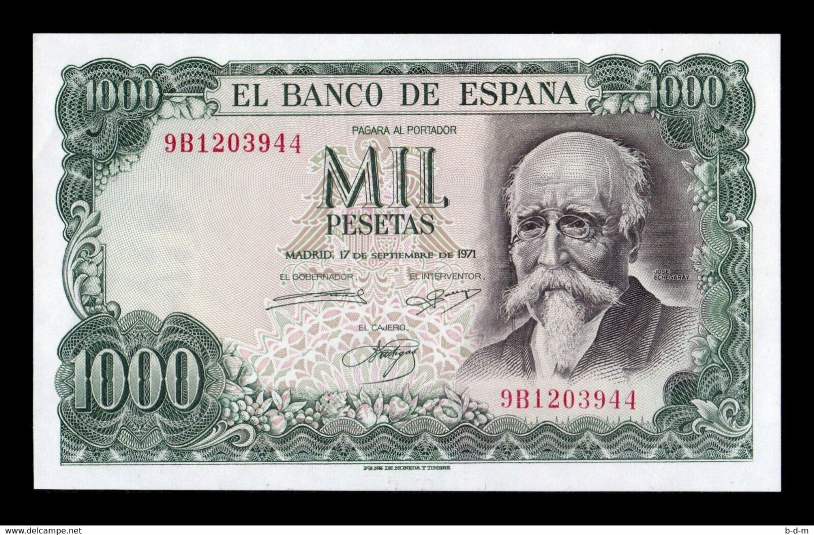 España 1000 Pesetas J. Echegaray 1971 Pick 154r Replacement Serie 9B SC- AUNC - 1000 Pesetas