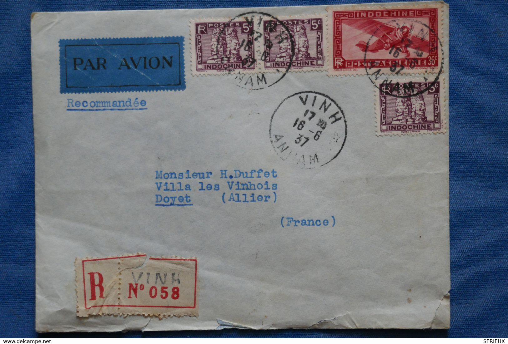 AN12 INDO CHINA  BELLE LETTRE RECOM.   1937 PAR AVION VINH POUR DOYET FRANCE +PAIRE TP + + AFFRANCH. INTERESSANT - Lettres & Documents