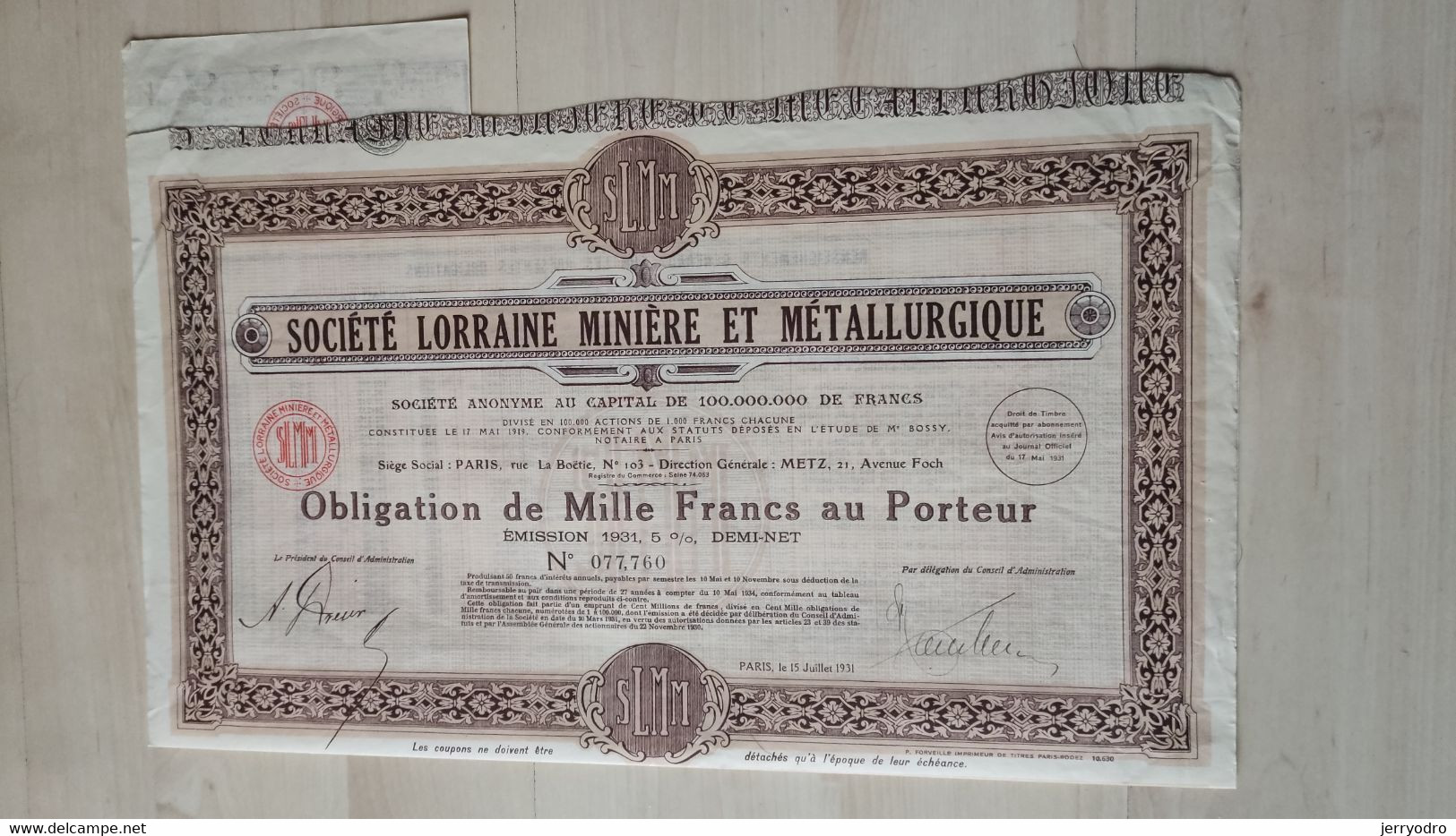 A SOCIETE LORRAINE MINIERE ET METALLURGIQUE - 1931*** - S - V