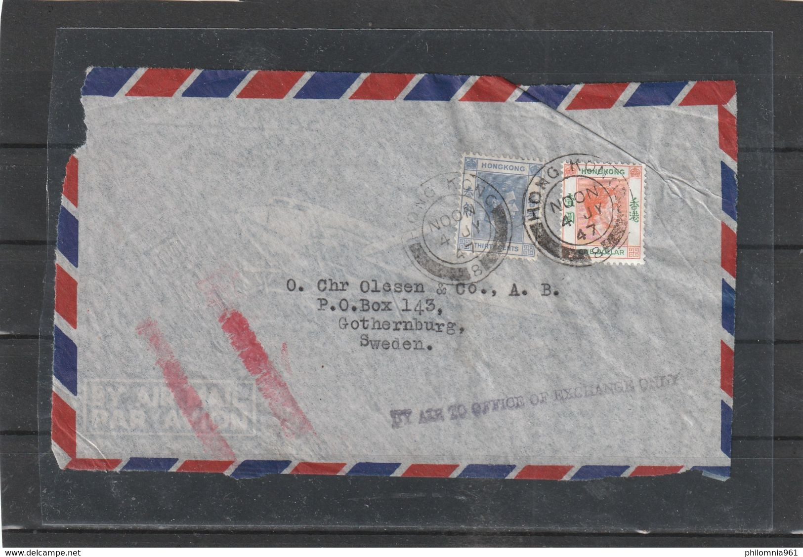 Hong Kong BY AIR TO OFFICE OF EXCHANGE ONLY AIRMAIL COVER FRONT TO Sweden 1947 - Lettres & Documents