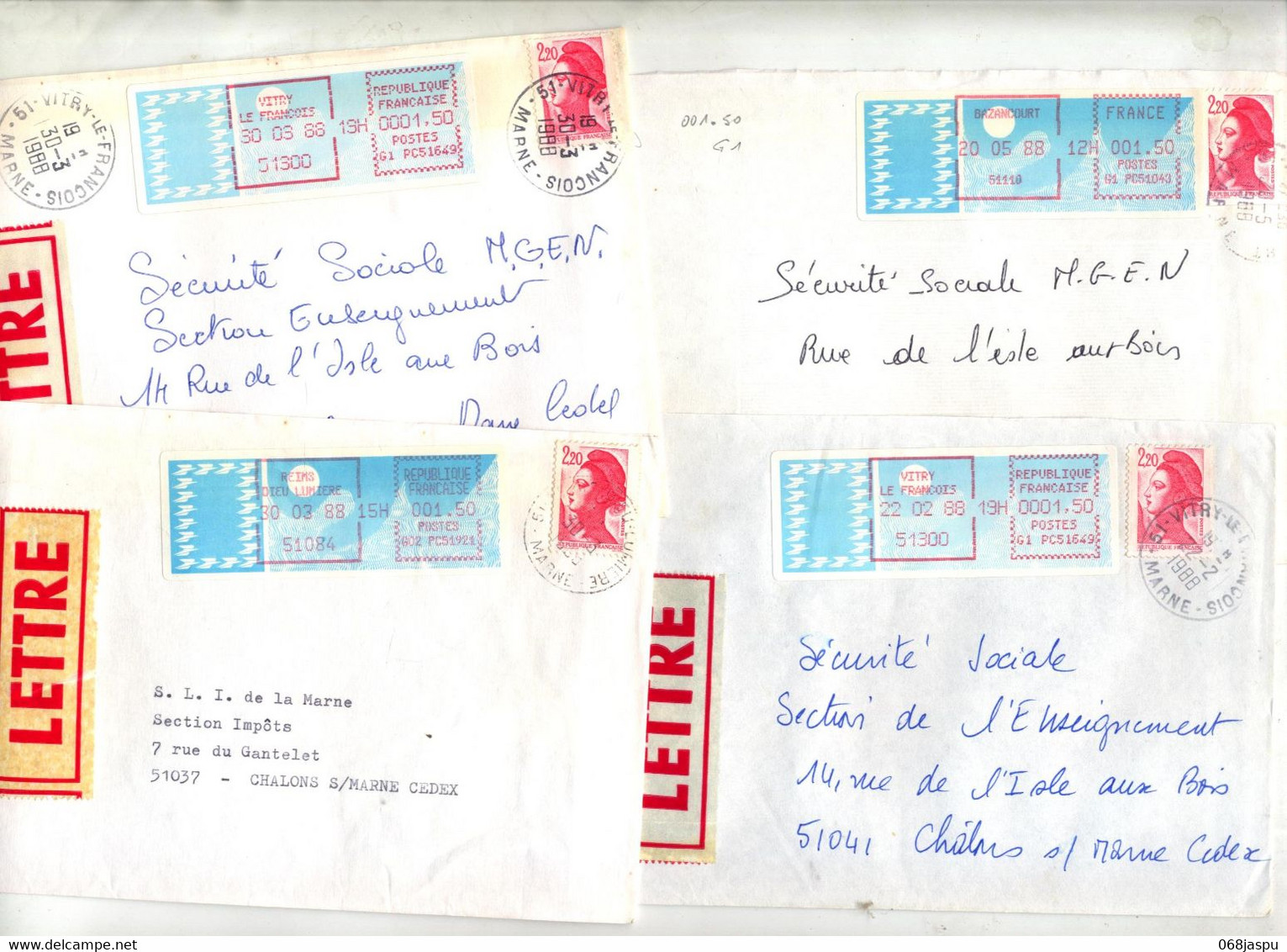 4 Lettre Cachet Vitry Bazancourt Reims  Sur Vignette Bureau Gandon - 1985 « Carrier » Papier