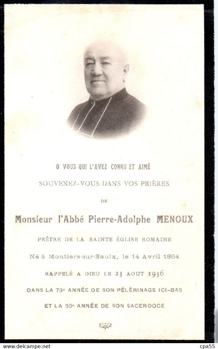 MONTIERS SUR SAULX  -  Carte De Décès De Monsieur L' Abbé Pierre-Adolphe MENOUX - Montiers Sur Saulx