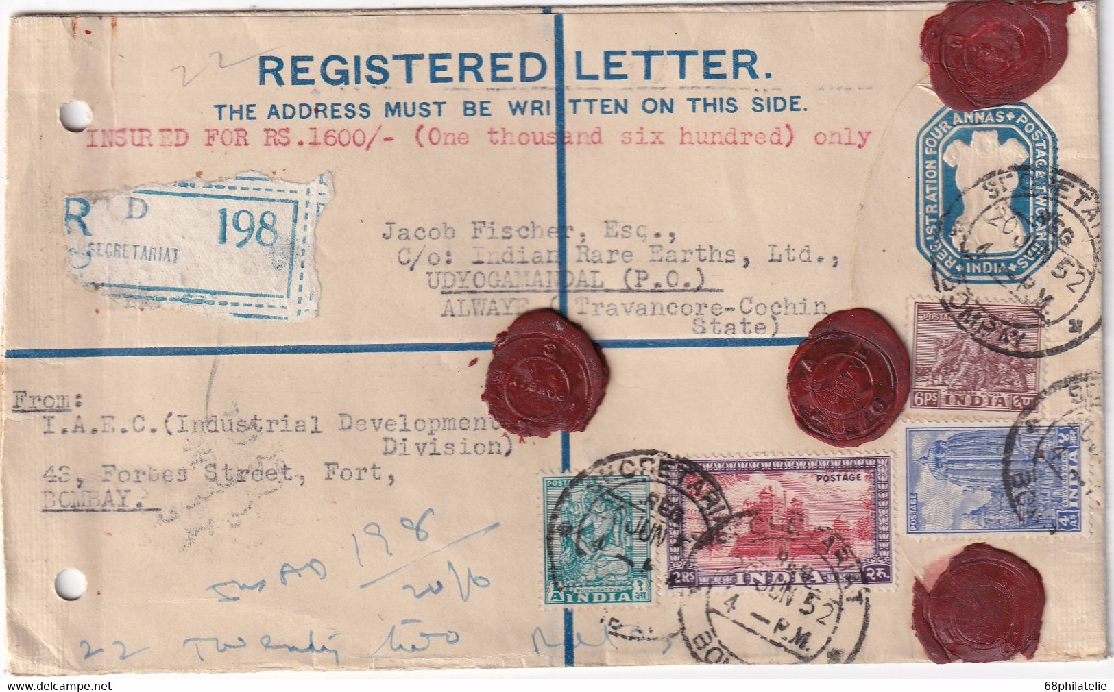 INDE  1952 ENTIER POSTAL/GANZSACHE/POSTAL STATIONERY LETTRE RECOMMANDEE DE BOMBAY - Buste