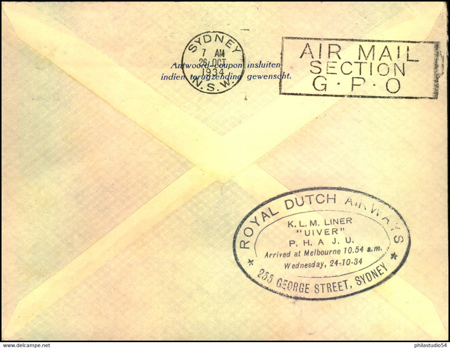 1934: NEDERLAND-AUSTRALIA Mac Robertson Race Cover "Royal Dutch Air Lines" Airmail To SYDNEY - Airmail