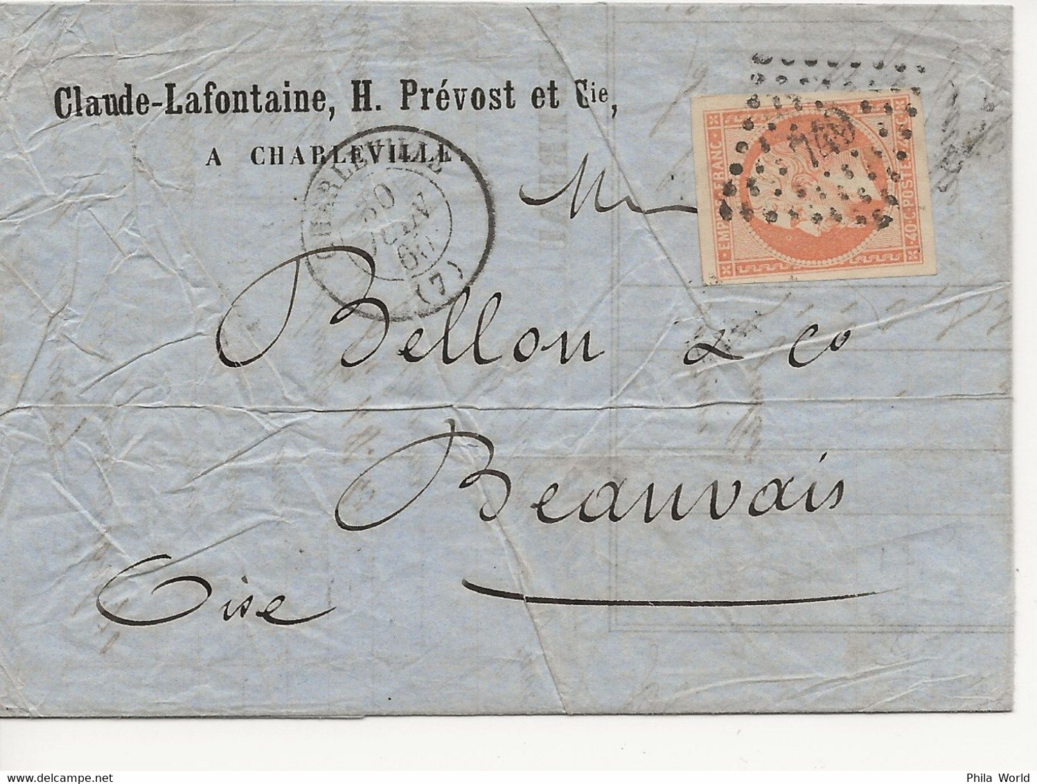 LAC 1860 EMPIRE NON DENTELE 40c ORANGE PC 749 30 Juin CHARLEVILLE 07 Ardennes 1er Juillet BEAUVAIS Oise - 1853-1860 Napoléon III