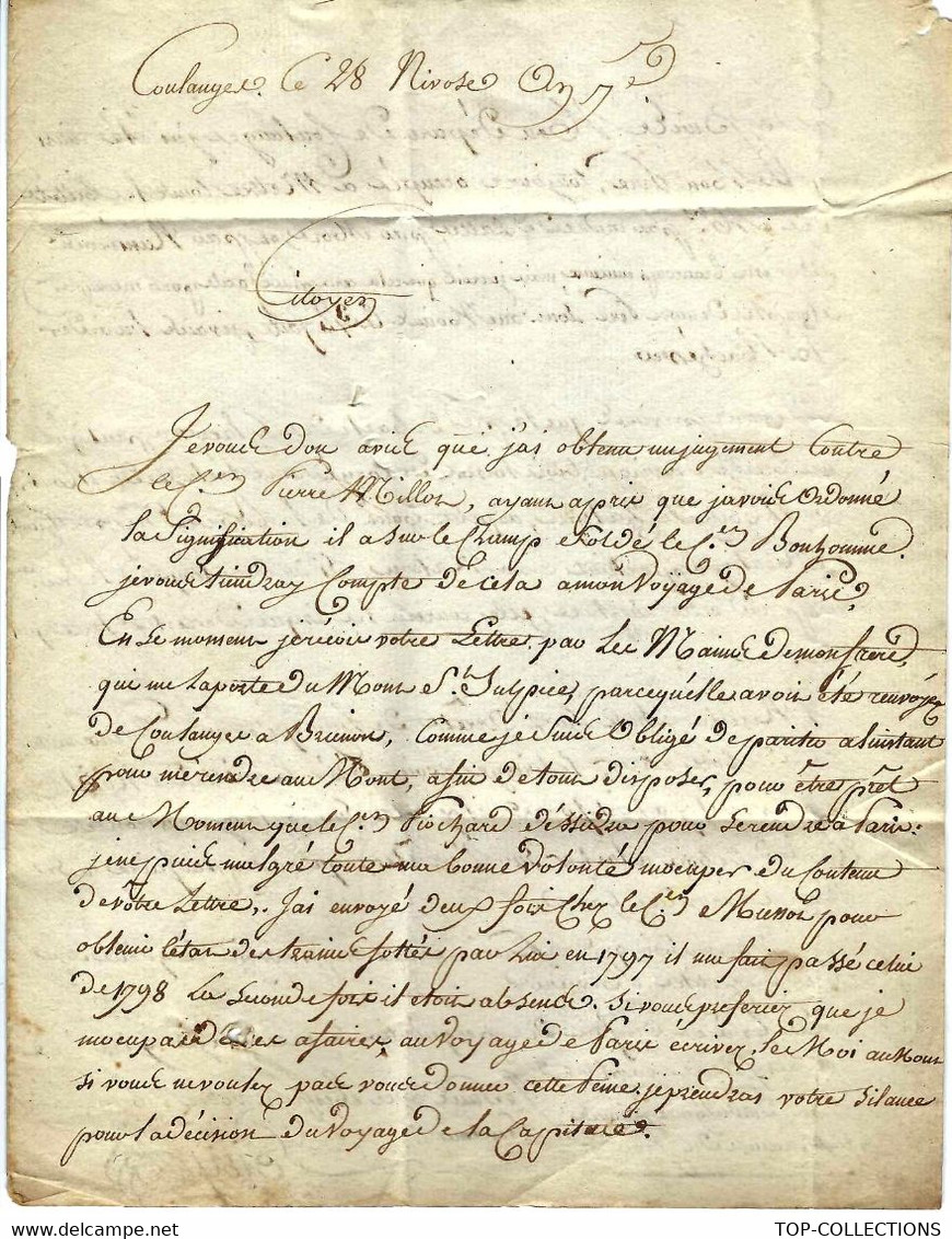 1799 REVOLUTION  Bois Flottés Yonne Coulanges  APPROVISIONNEMENT DE PARIS LETTRE à Bodin Agent Général Des Bois Flottés - ... - 1799