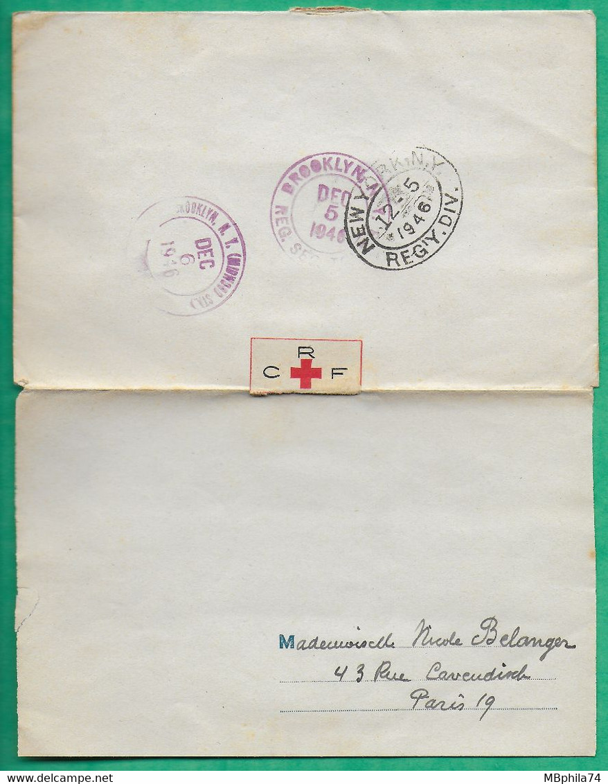 LETTRE PAR AVION TOUR DU MONDE CROIX ROUGE RECOMMANDE BROOKLYN ETATS UNIS USA BELGIQUE BELGIUM PARIS 1946 COVER FRANCE - Croix Rouge