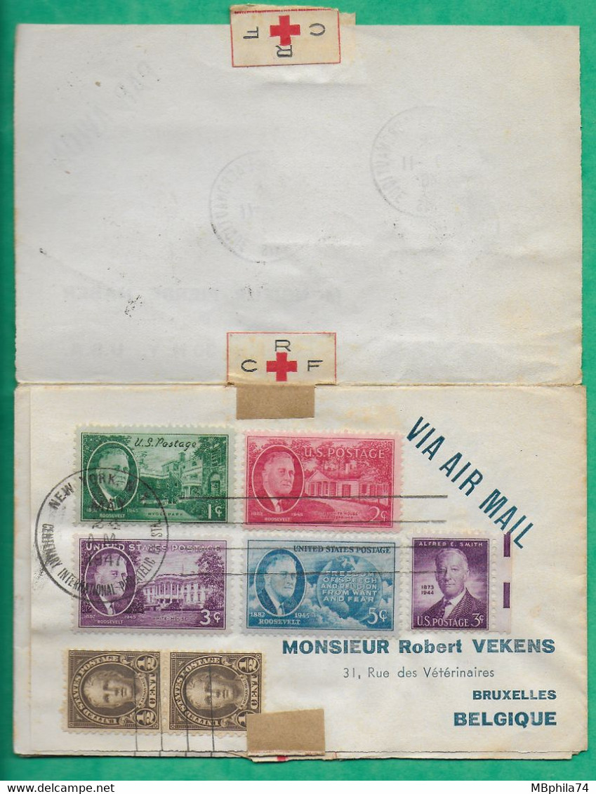 LETTRE PAR AVION TOUR DU MONDE CROIX ROUGE RECOMMANDE BROOKLYN ETATS UNIS USA BELGIQUE BELGIUM PARIS 1946 COVER FRANCE - Croix Rouge
