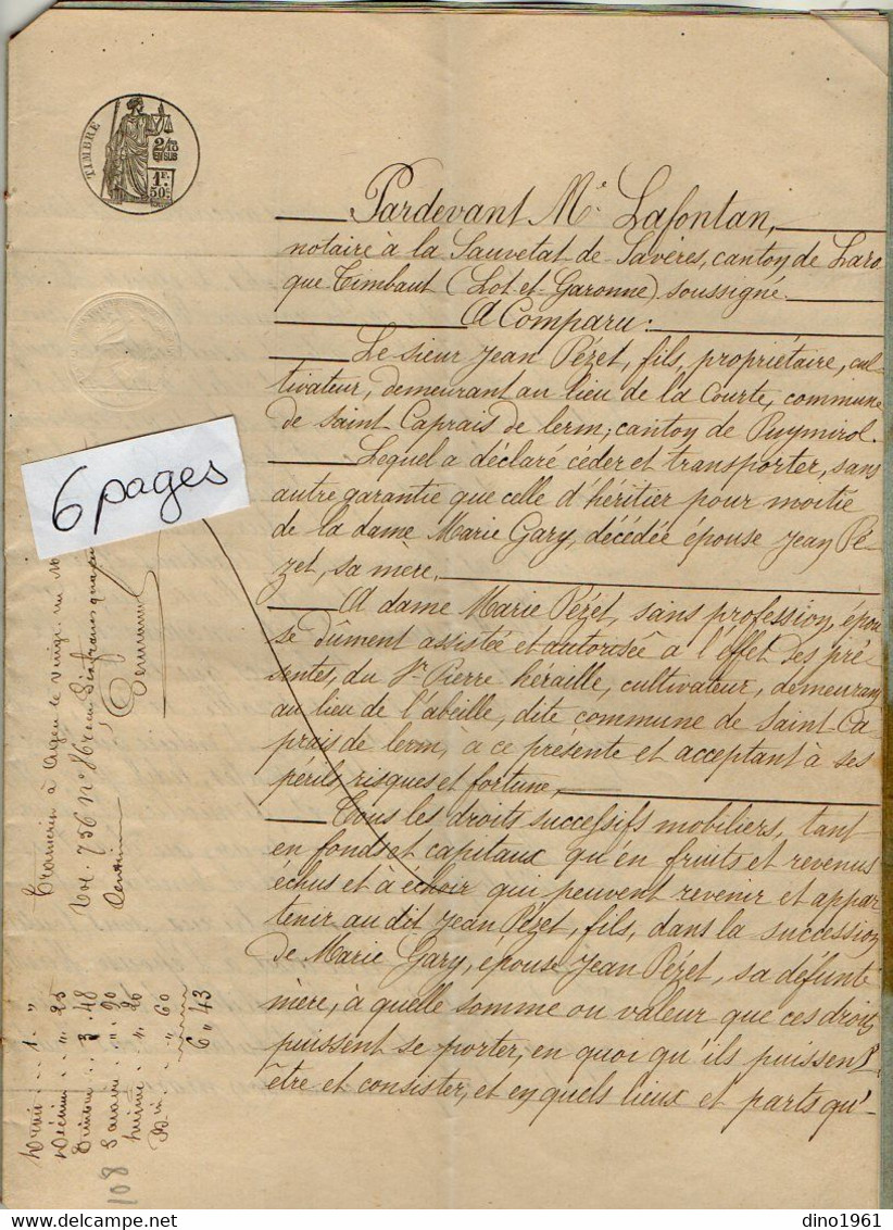 VP19.056 - SAUVETAT DE SAVERES - Acte De 1876 - Entre Mr J. PEZET & Mme PEZET épouse HERAILLE à SAINT CAPRAIS - Manuscrits