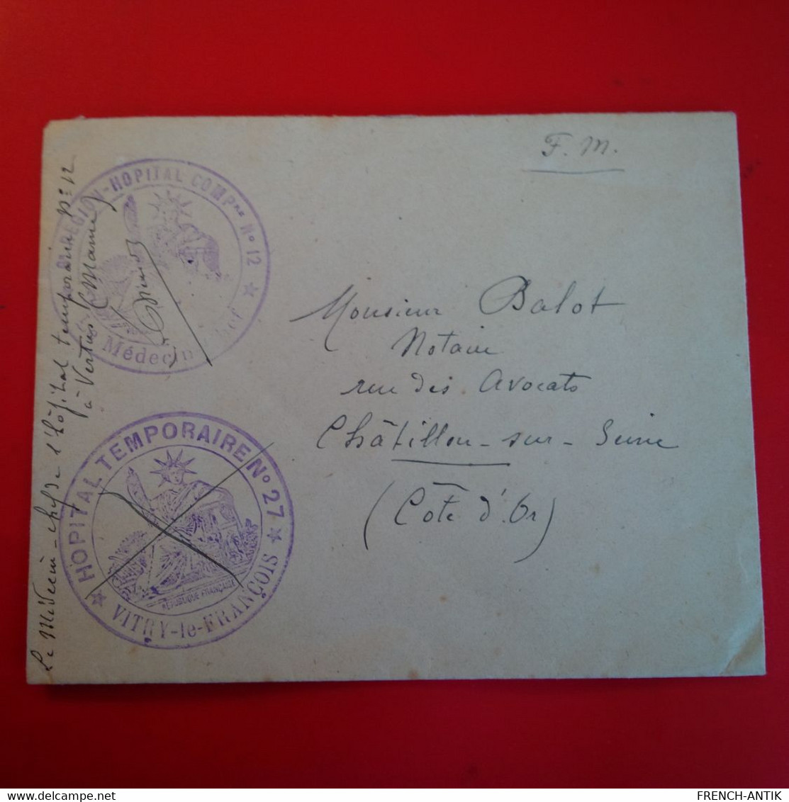 LETTRE MILITAIRE CACHET HOPITAL TEMPORAIRE N°27 VITRY LE FRANCOIS POUR CHATILLON SUR SEINE - Military Postage Stamps