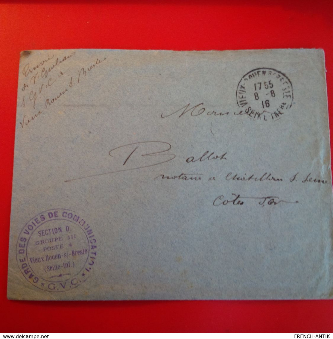 LETTRE MILITAIRE CACHET VIEUX ROUEN SUR BRESLE GARDE DES VOIES DE COMMUNICATION G.V.C POUR CHATILLON SUR SEINE - Military Postage Stamps