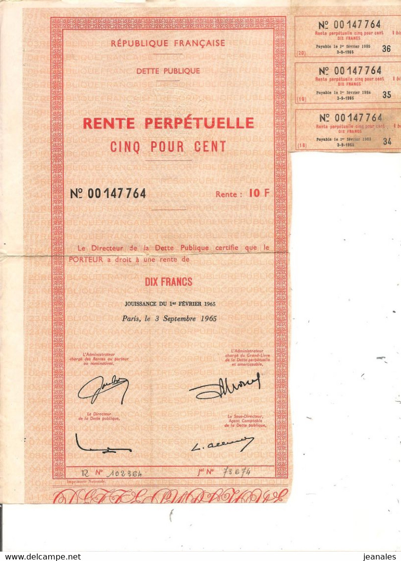 FRANCE 1965 DOCUMENT RENTE PERPÉTUELLE DETTE  PUBLIQUE - Banque & Assurance