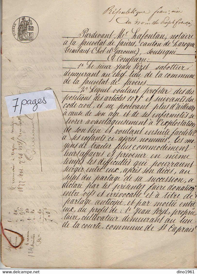 VP19.057 - SAUVETAT DE SAVERES - Acte De 1876 - Entre Mr J. PEZET & Mme PEZET épouse HERAILLE à SAINT CAPRAIS - Manuscrits