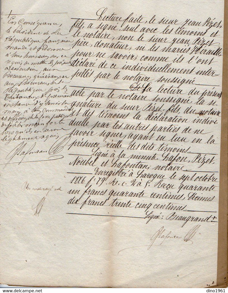 VP19.057 - SAUVETAT DE SAVERES - Acte De 1876 - Entre Mr J. PEZET & Mme PEZET épouse HERAILLE à SAINT CAPRAIS - Manuscrits