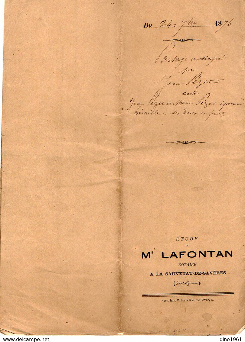 VP19.057 - SAUVETAT DE SAVERES - Acte De 1876 - Entre Mr J. PEZET & Mme PEZET épouse HERAILLE à SAINT CAPRAIS - Manuscrits