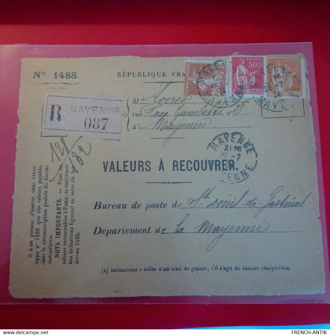 LETTRE VALEURS A RECOUVRER RECOMMANDE MAYENNE ST DENIS DE GASTINES - Cartas & Documentos