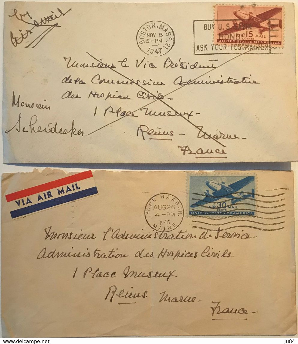 États-Unis - Boston - York Harbor - LOT 2 LETTRES - POSTE AÉRIENNE - Pour La France - 1946 & 1947 - 2a. 1941-1960 Gebraucht