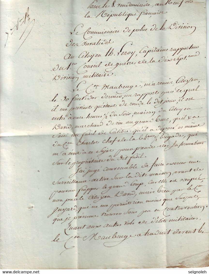Cachet De Franchise Republicain COMMISSAIRE DE POLICE Pour Le CONSEIL DE GUERRE Lettre Avec Texte 1801 - 1801-1848: Precursors XIX