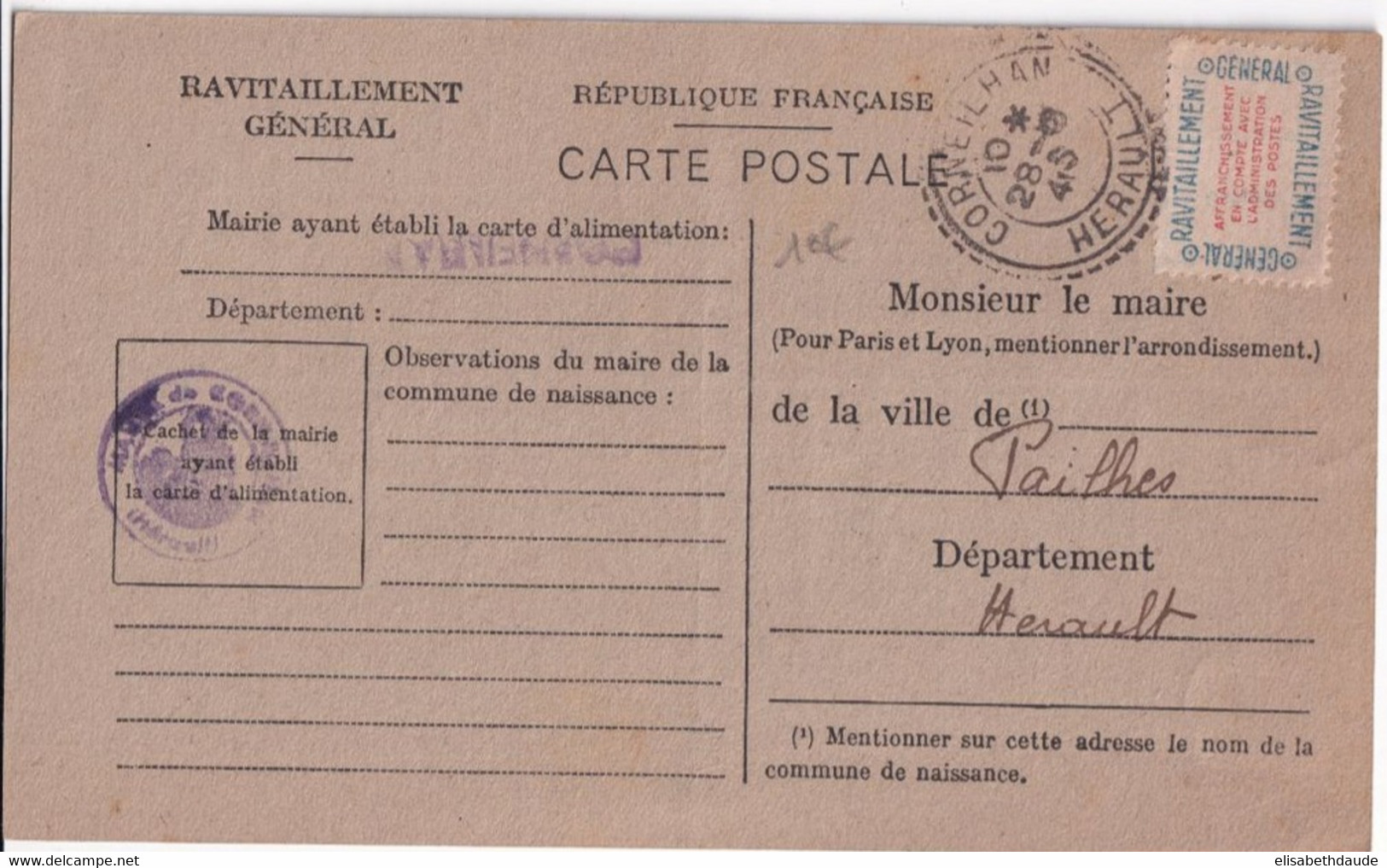 1946 - LIBERATION - CARTE De RAVITAILLEMENT GENERALE De CORNEILHAN (HERAULT) OBLITERATION ! => PAILHES - Lettres & Documents